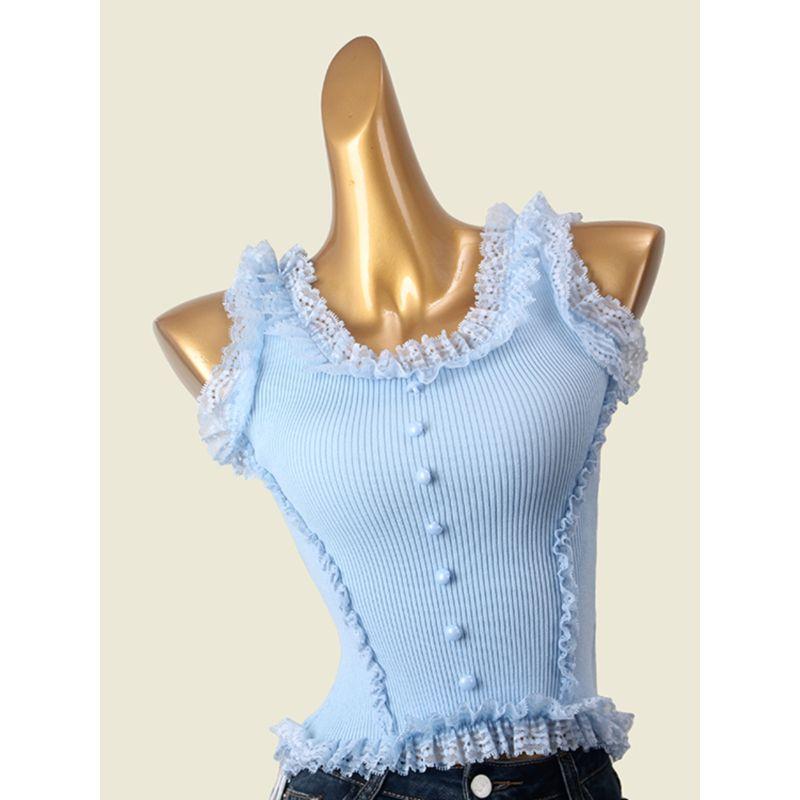French Romantic Lace Knitting Patchwork Vest Summer Outwear U-Collar Thread Fitted Sexy Camisole