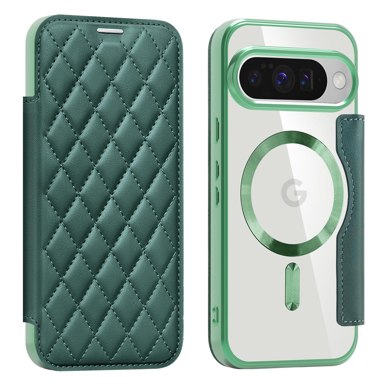 

For Google Pixel 10/10 Pro Case Compatible with MagSafe Rhombus PU Leather Phone Cover Blackish Green