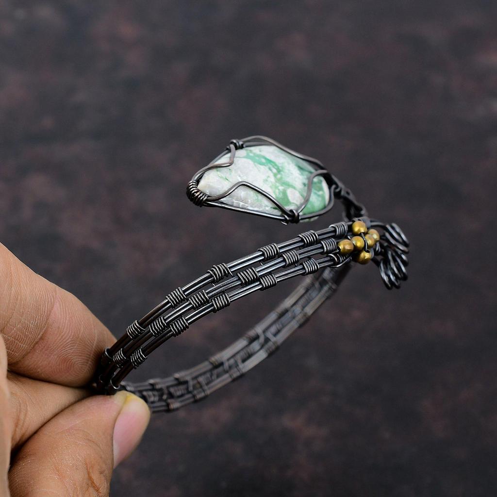 Variscite Bangle Copper Wire Wrapped Gemstone Cuff Bracelet Handmade Variscite Jewelry For Gift Adjustable Bangle Copper Wire Wrap Jewelry