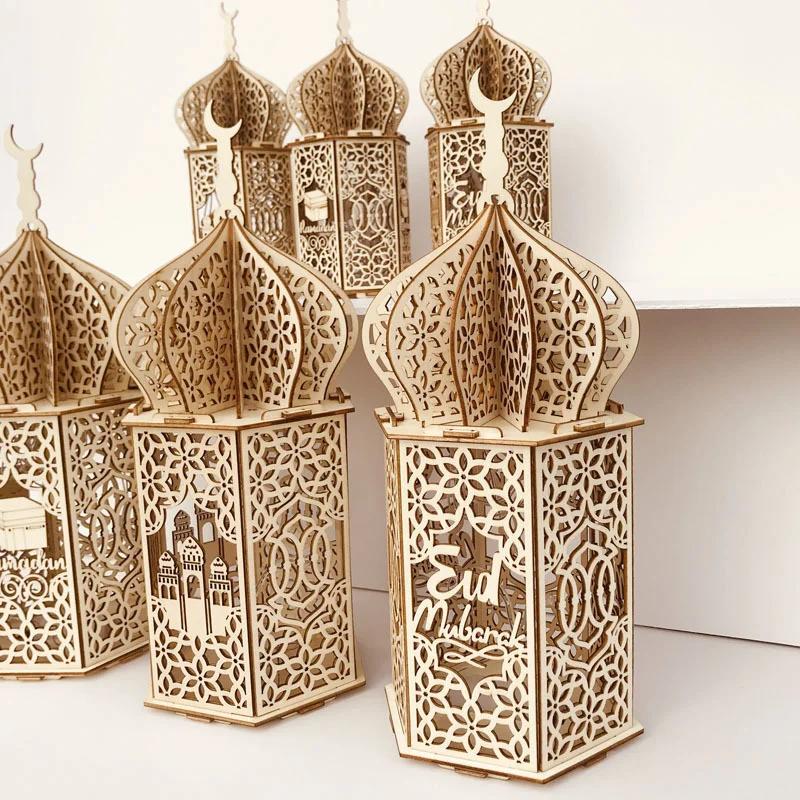 Eid Mubarak Wooden Pendant With Led Candles Light Ramadan Decorations For Home Islamic Muslim Party Eid Ramadan Decoration