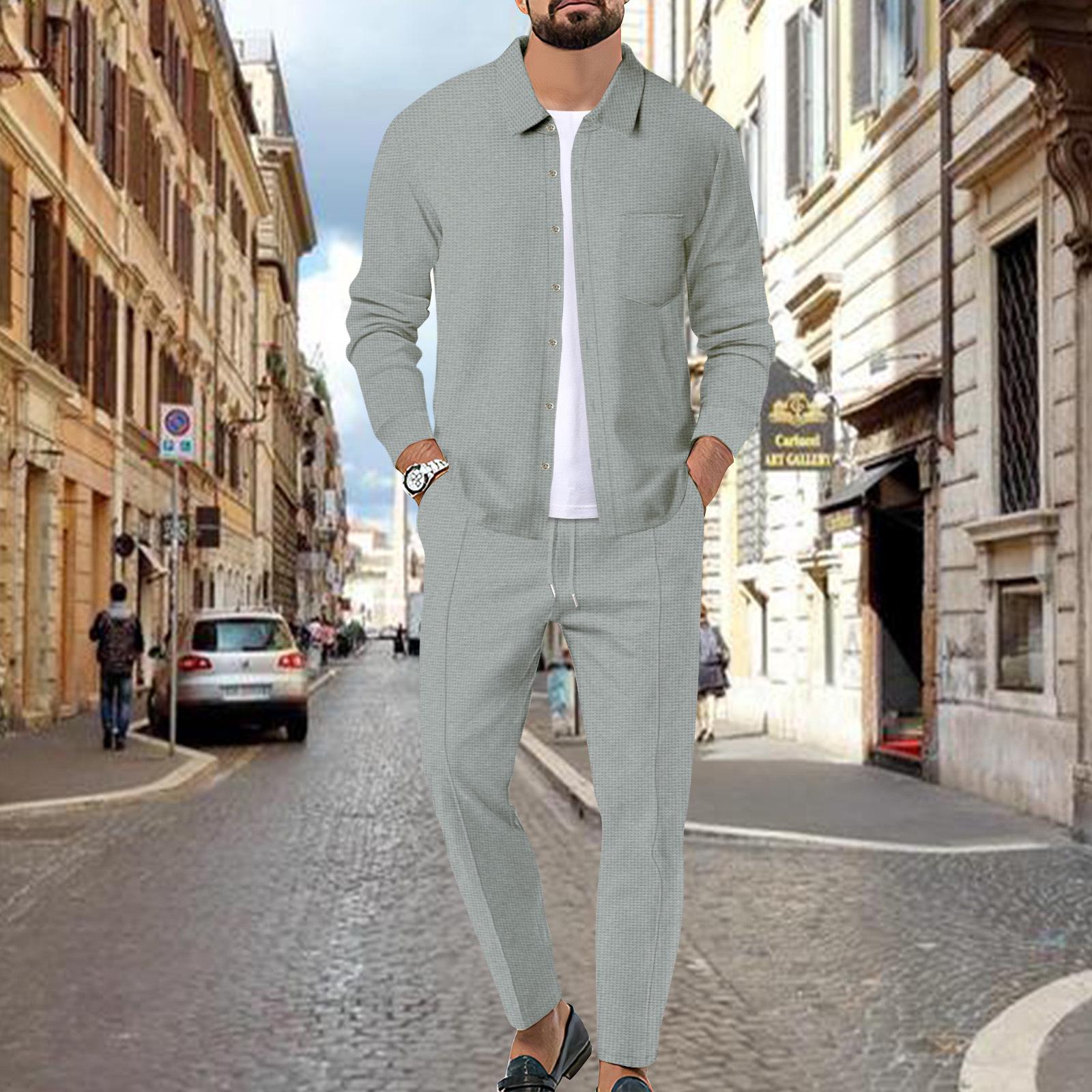 

2024 Men s Waffle Solid Color Long Sleeve Shirt & Pants Set M серый