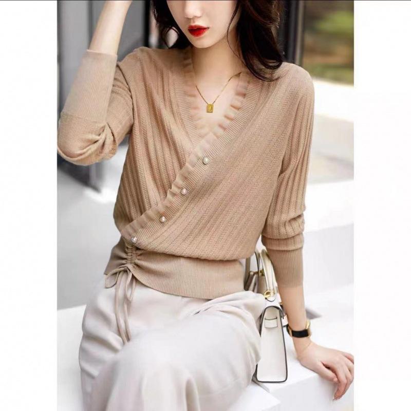 

Women s sweater new spring and autumn drawstring, diagonal placket with fungus edge, long-sleeved knitted sweater for women One Size верблюд