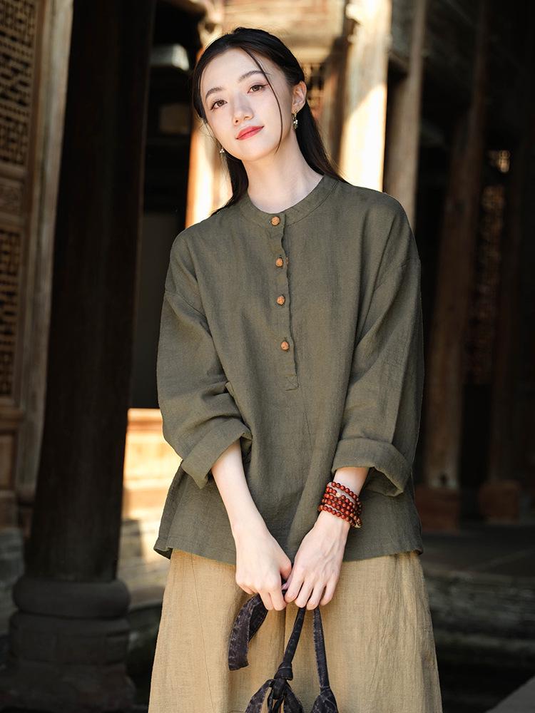 2025 Autumn Cotton Linen Women's Color Block Stand Collar Frog Button Pullover Plus Size Top