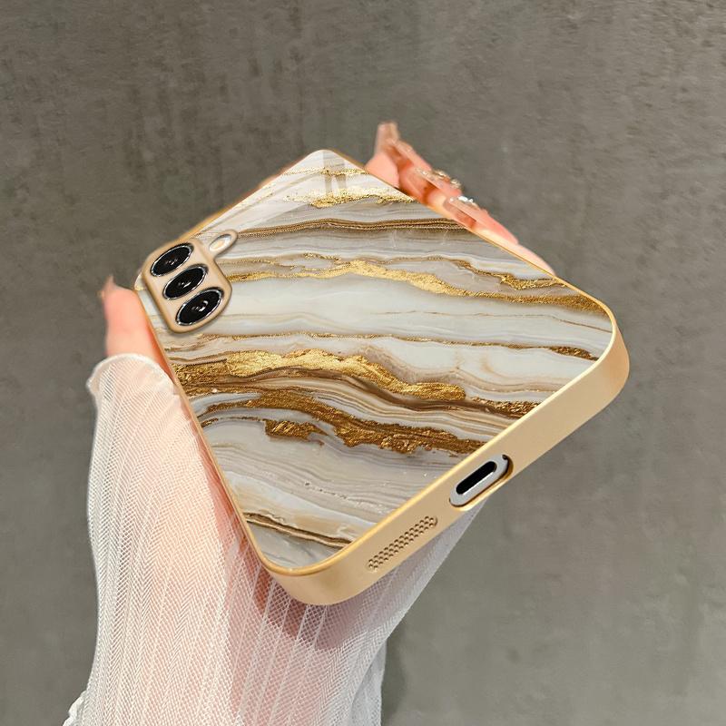 Gold Inlay Stone Pattern 2D Phone Case for Samsung S26 S25 S24 S23 S22 S21 S20 - Golden Metal Paint Glass Protective Cover