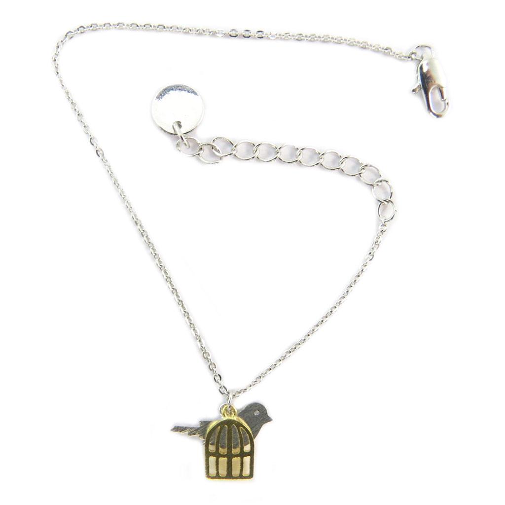 7bis [P5860] - Handmade Bracelet 'Bird & Cage' Silver-gold - 15x10 Mm