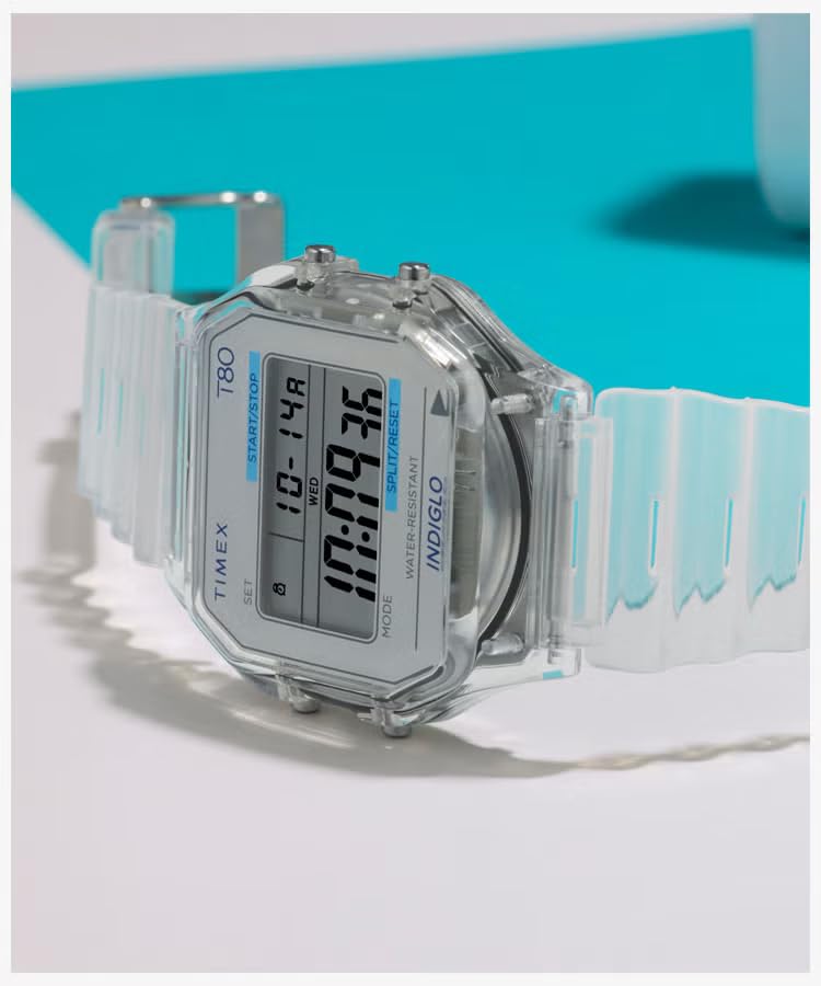 TIMEX T80 Translucent Quartz Watch TW2Y34100 TW2Y34200 TW2Y36400 Skeleton Digital Watch 30m Water Resistant Date Display Chronograph Alarm (Clear)