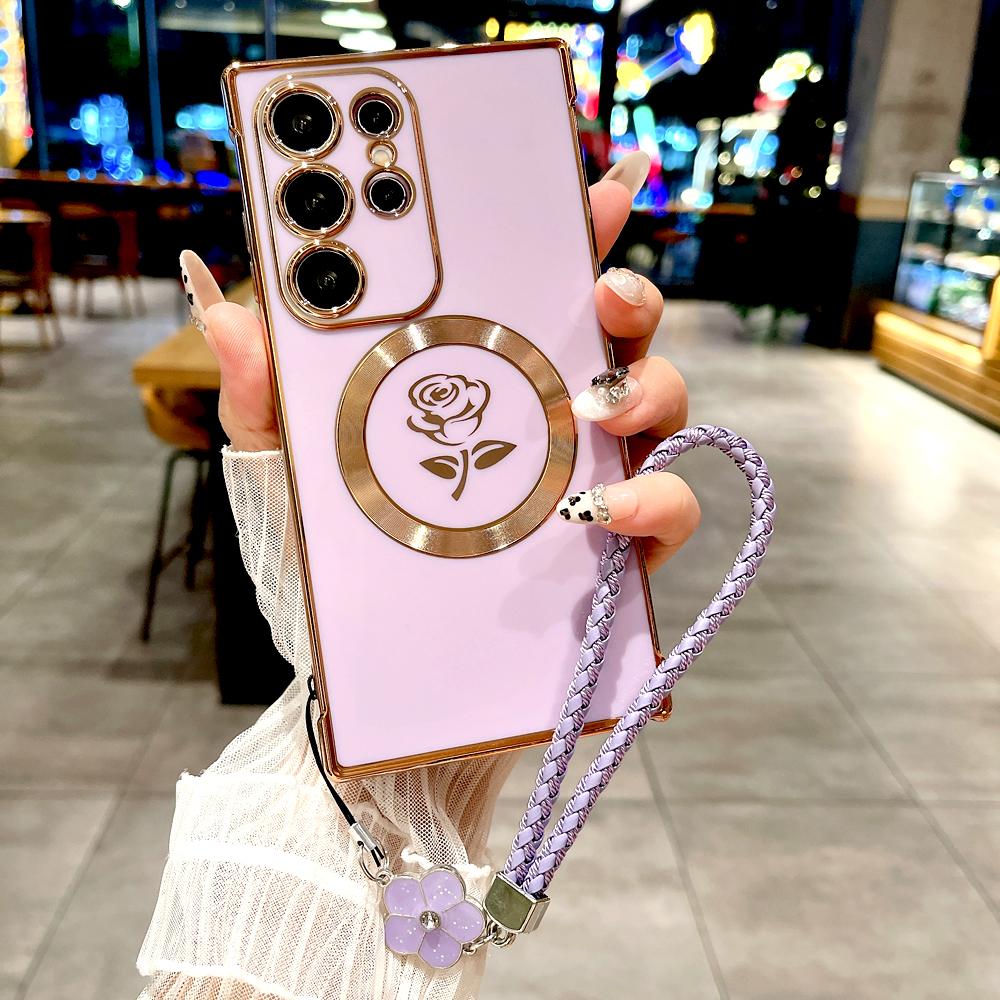 Plating Soft TPU Rose Case For For Samsung Galaxy S26 S25 S24 S23 S22 S21 Ultra Plus S25Ultra Magsafe Charge Cover Lanyard Bracelet