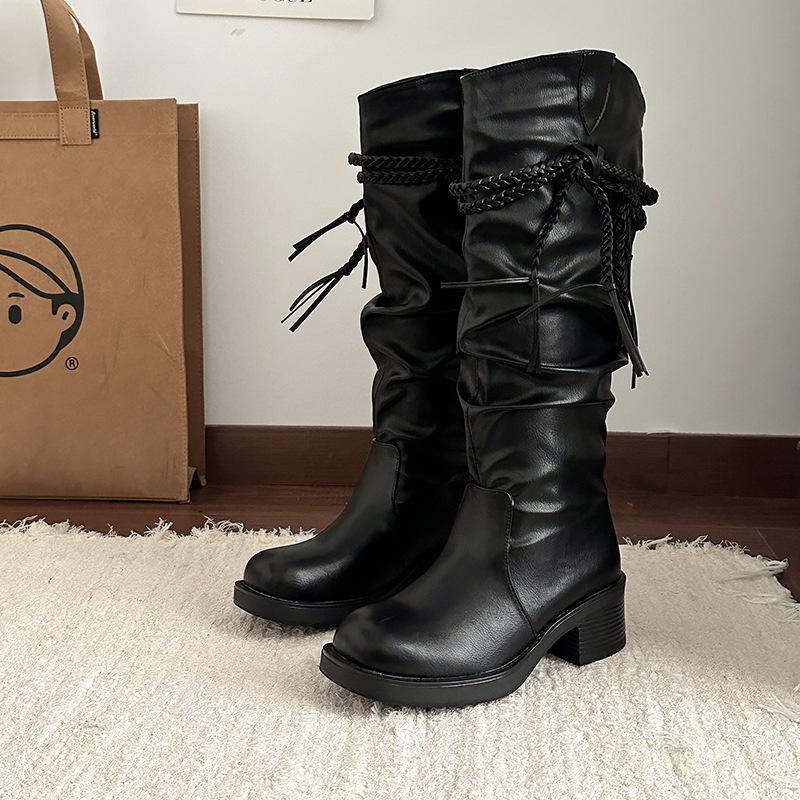Fashion tribe fringed wind knight boots women's 2025 autumn and winter new thick heel but knee pile boots fashion boots