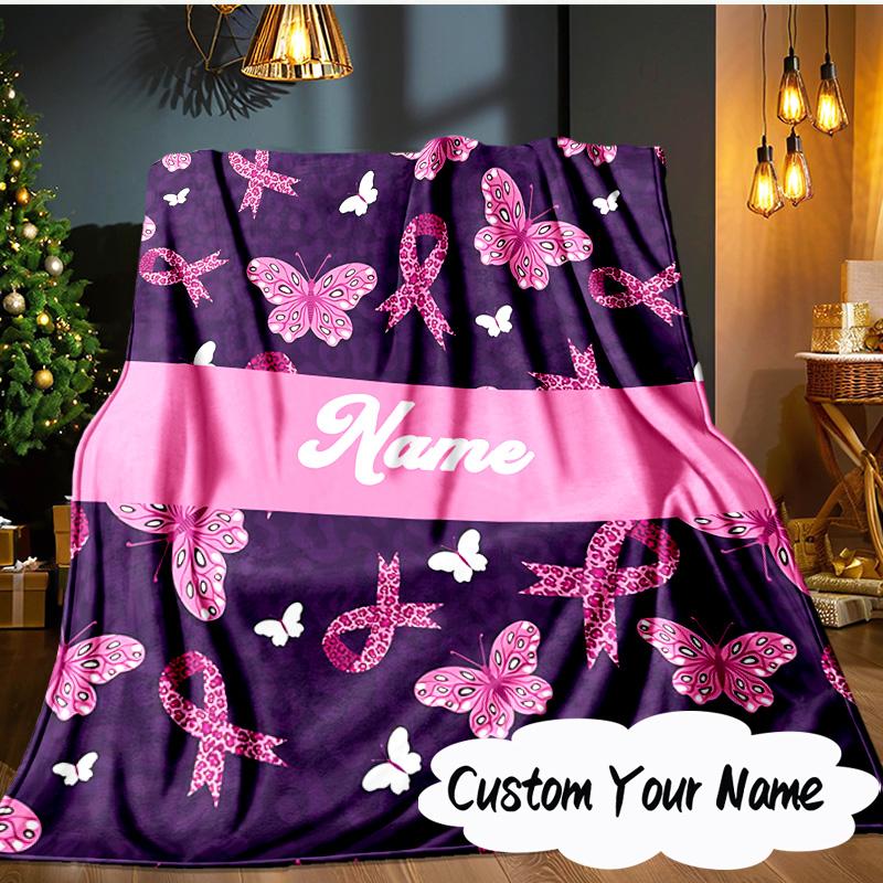 Custom Name Pink Ribbon Butterfly Blanket Ideal Bedding Blanket Perfect for Travel, Camping, Living Rooms, Offices, Sofas, Fan Christmas gift