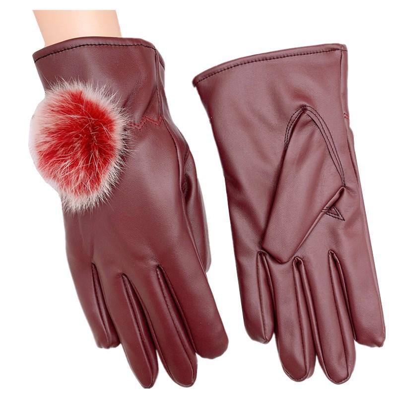 Women's PU Fur Ball Warm Touchscreen Winter Gloves - Windproof and Velvet-Lined for Cycling