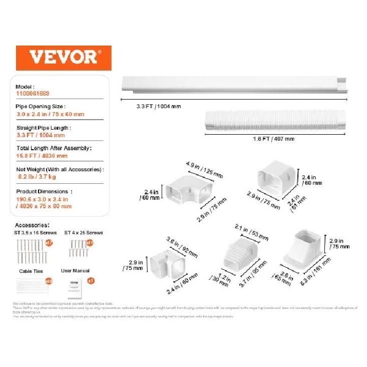 SucceBuy Mini Split Line Set Cover PVC Decorative Pipe Line Cover For Air Conditioner Easy To Install Paintable for Heat Pump