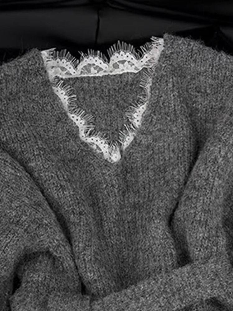 Women's Grey French Lace Patchwork Pullover: Stylish Two-Piece Look, Soft Collar, Perfect for Autumn/Winter