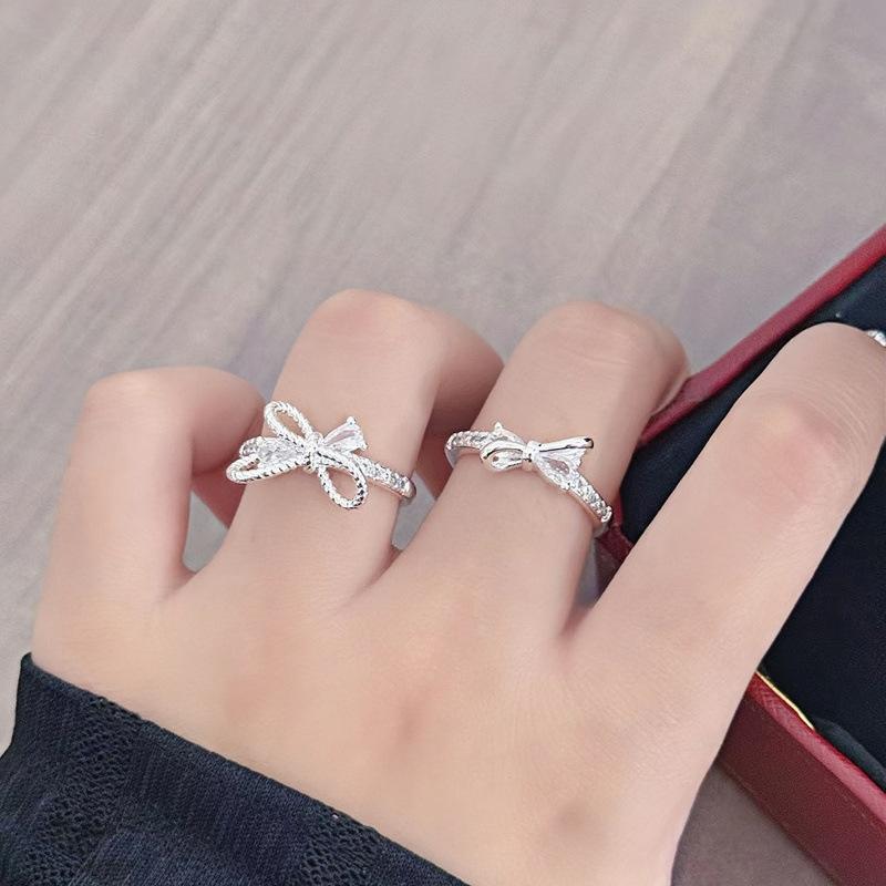 Full Diamond Zircon Bow Open Ring, Women'S Light Luxury Niche Design, High-End Sense, Exquisite Temperament, Shining Index Finger Ring