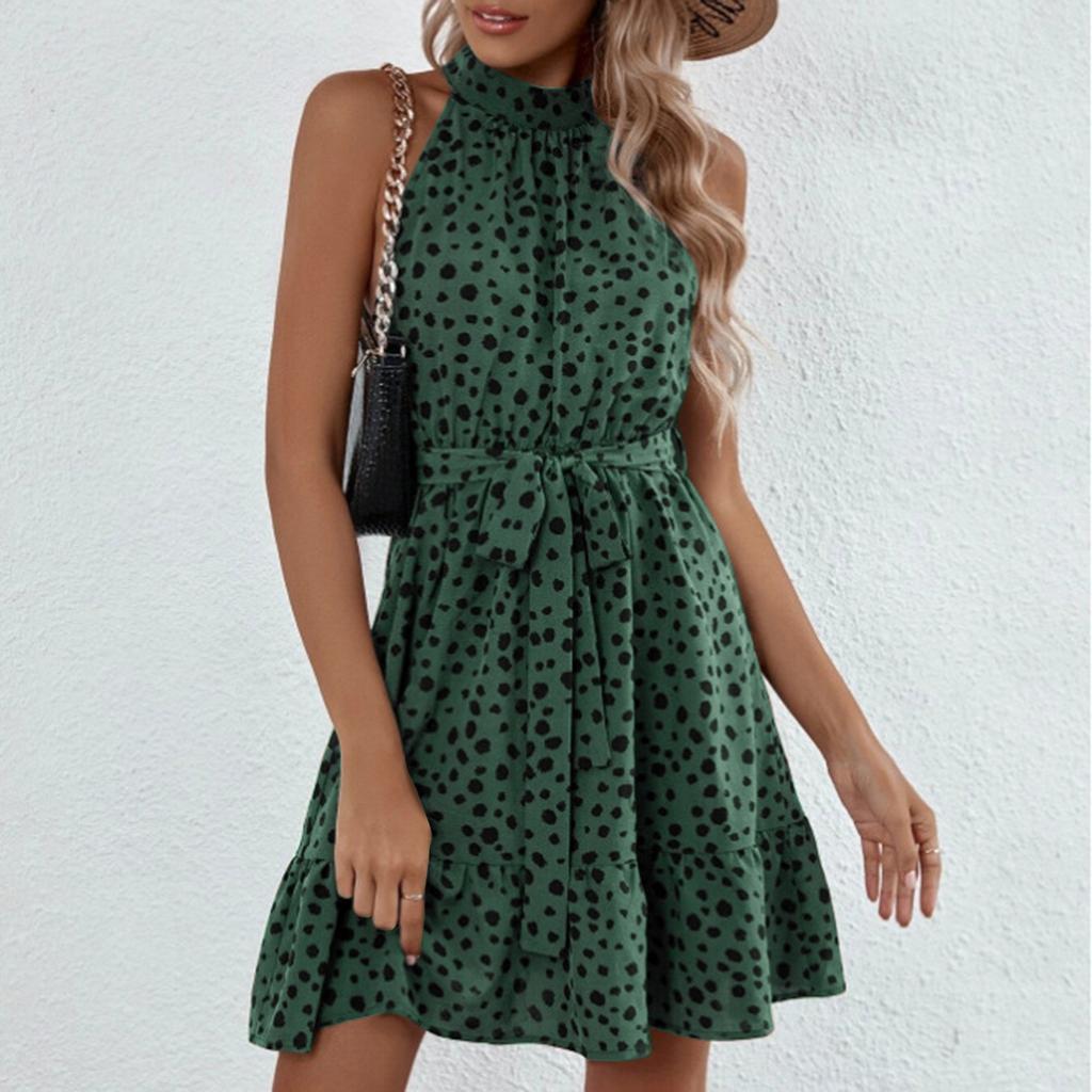 Ladies Casual Fashion Sexy New Sleeveless Dot Lace-up Ruffle Dress