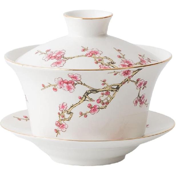 YBK Tech 10oz Large Gaiwan, Porcelain Kung Fu Tea Cup and Saucer with Lid, Chinese Traditional Gaiwan, Sancai Tea Bowl - Embossed Plum Patterns