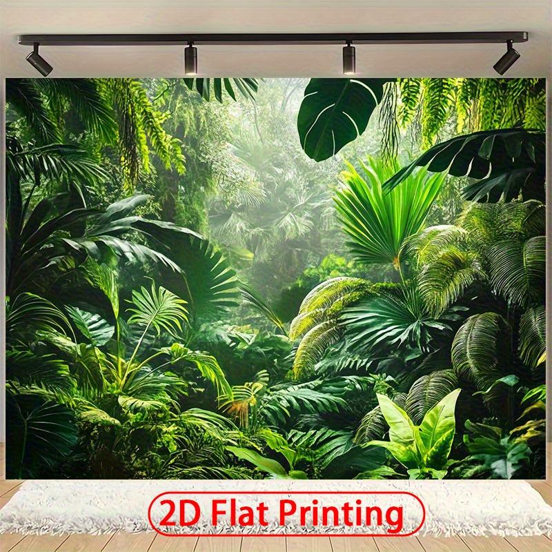 Polyester background with rainforest landscape: fresh green leaves and magnificent trees in sunlight. 100x150cm