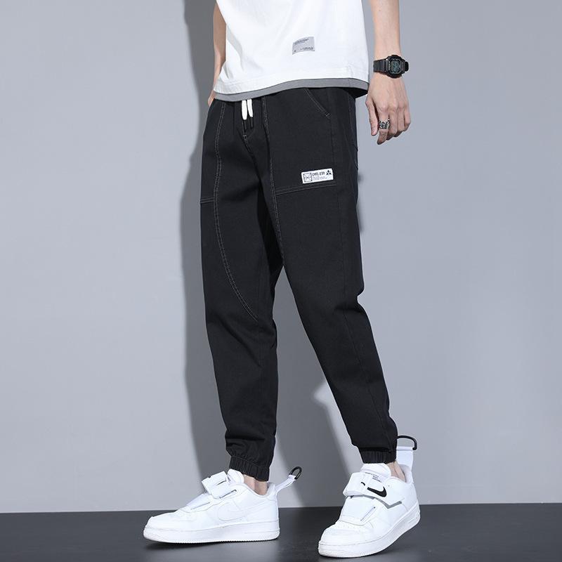 Jeans men's spring and summer Korean version ins trendy brand loose large size leggings fashion labeling elastic waist casual pants