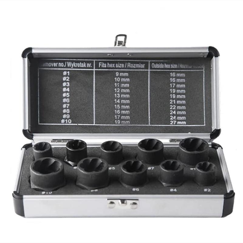 Neues 10-teiliges Set zum Entfernen von Schrauben und Muttern, Schraubenbolzenausdreher-Set, Werkzeug zum Entfernen von Muttern mit Aluminium-Aufbewahrungskoffer