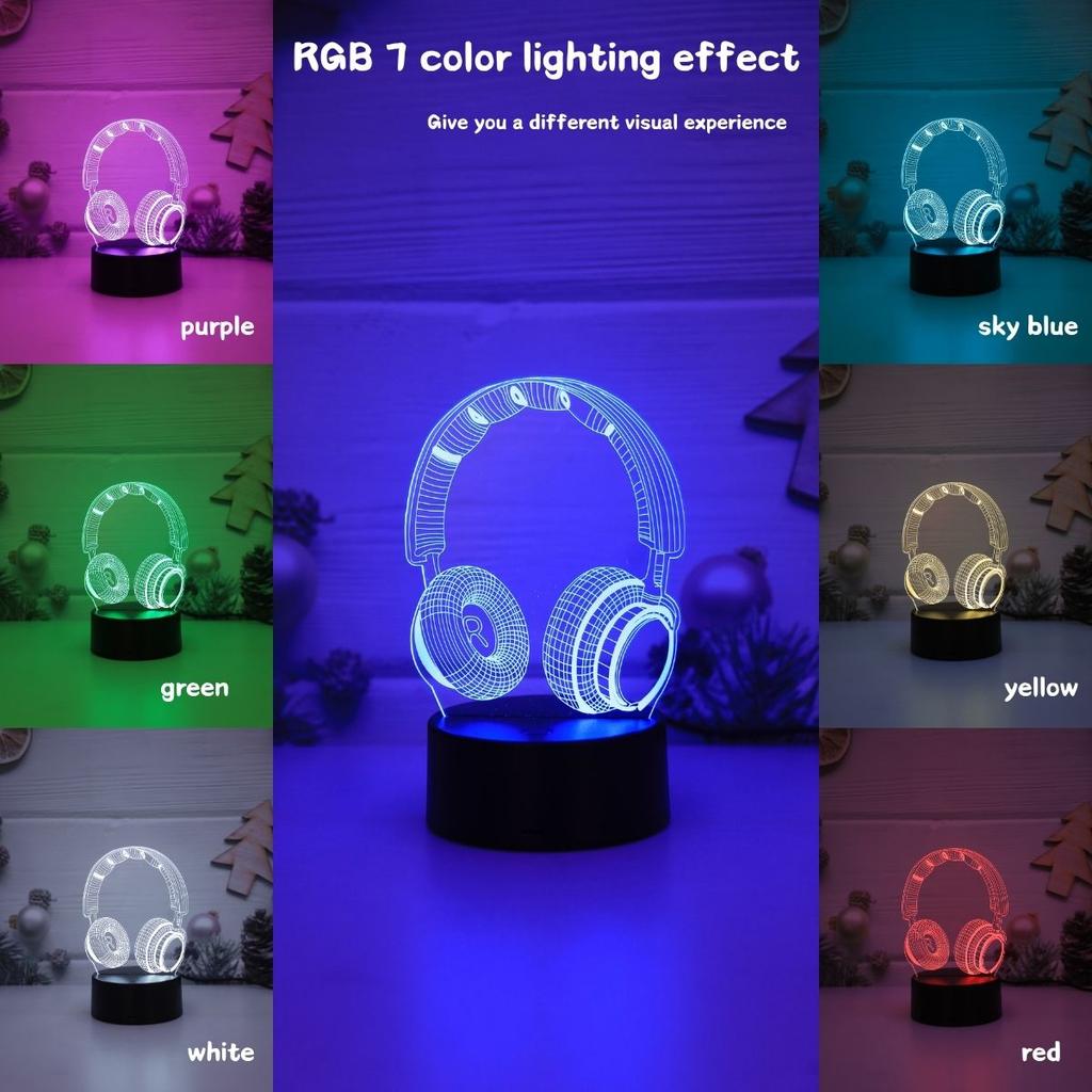 Luz noturna visual 3D de fones de ouvido, toque USB de 7 cores, adequado para luzes decorativas de quarto de sala de jogos, luzes de presente