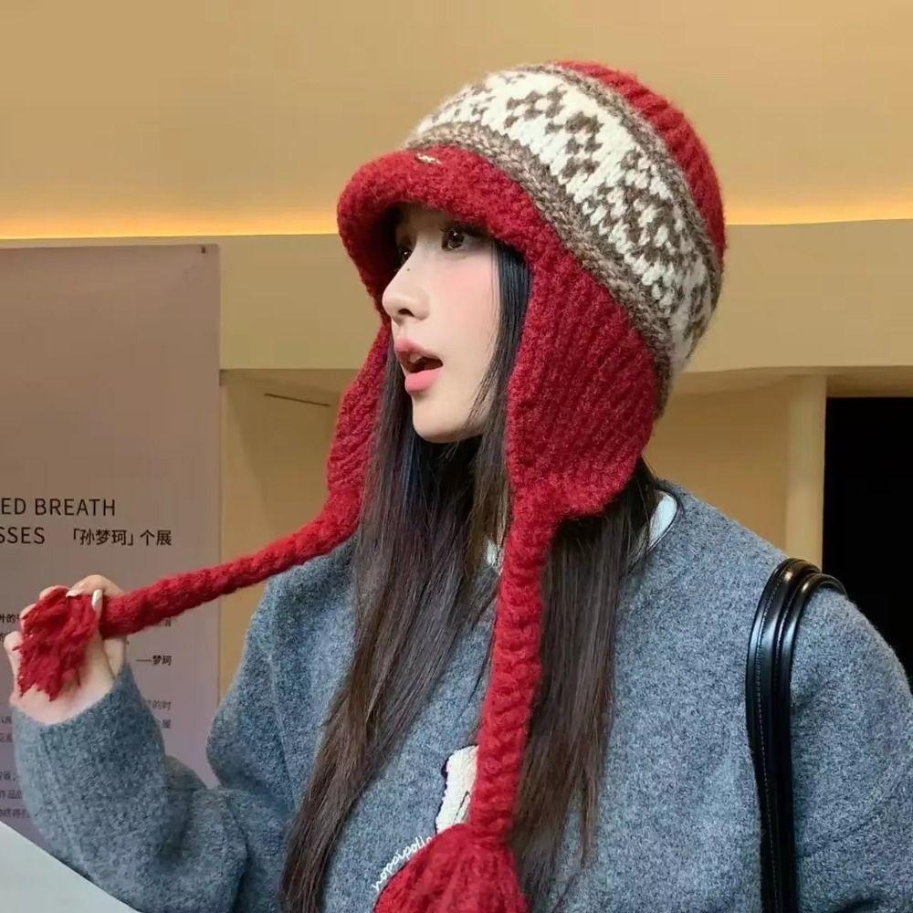 Tassel Jacquard Knitted Hat Korean Style Beanies Hat Casual Ear Cap Outdoor