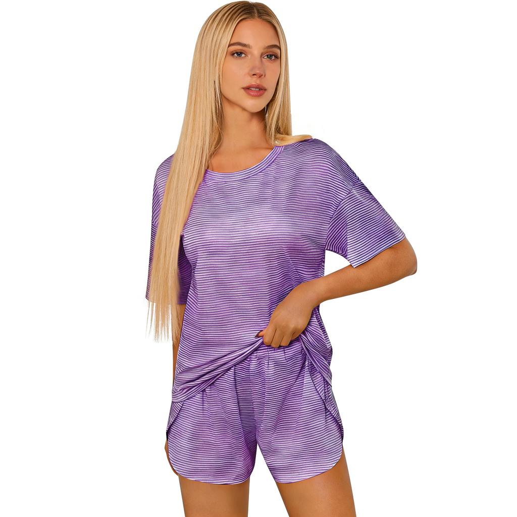 Pigiama da Donna a Maniche Corte Strisciato Stampato Due Pezzi Loungewear Scollo Pajamas Set Pantaloncini Spaccati Morbido Biancheria da Notte