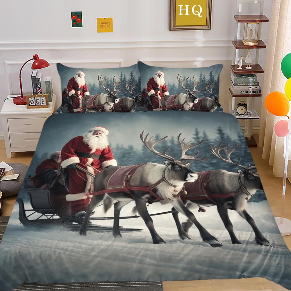 Jultomte Älg 3D-tryckt Polyester Örngott Täcke Två- eller Tredelat Set Tillgängligt