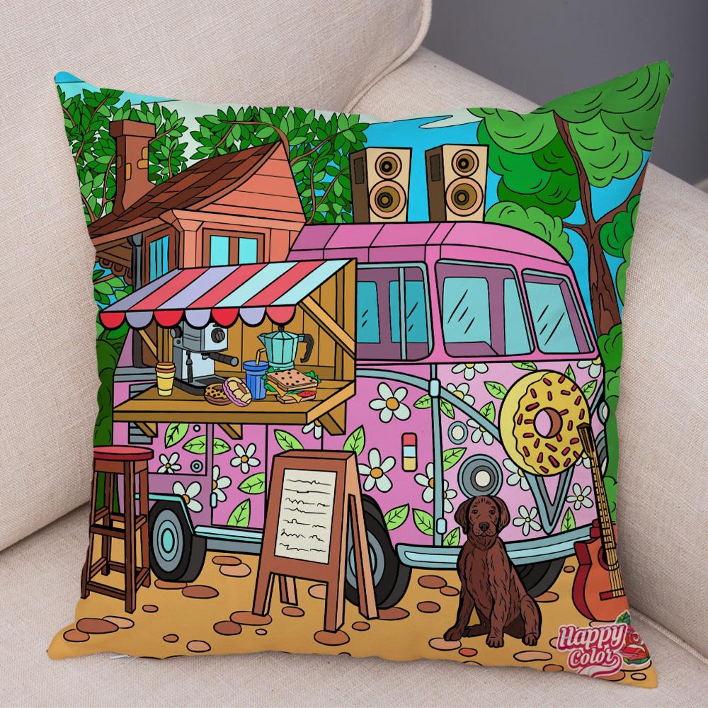Federa Cuscino Happy Camper Casa Cartone Animato Auto da Viaggio Copricuscino Divano Casa Super Morbida