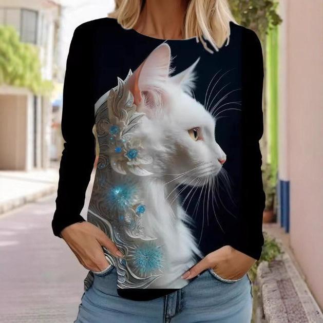 Camisetas de Mujer de Manga Larga Casuales de Moda con Cuello Redondo y Estampado de Gato Lindo con Impresión 3D para Primavera y Otoño