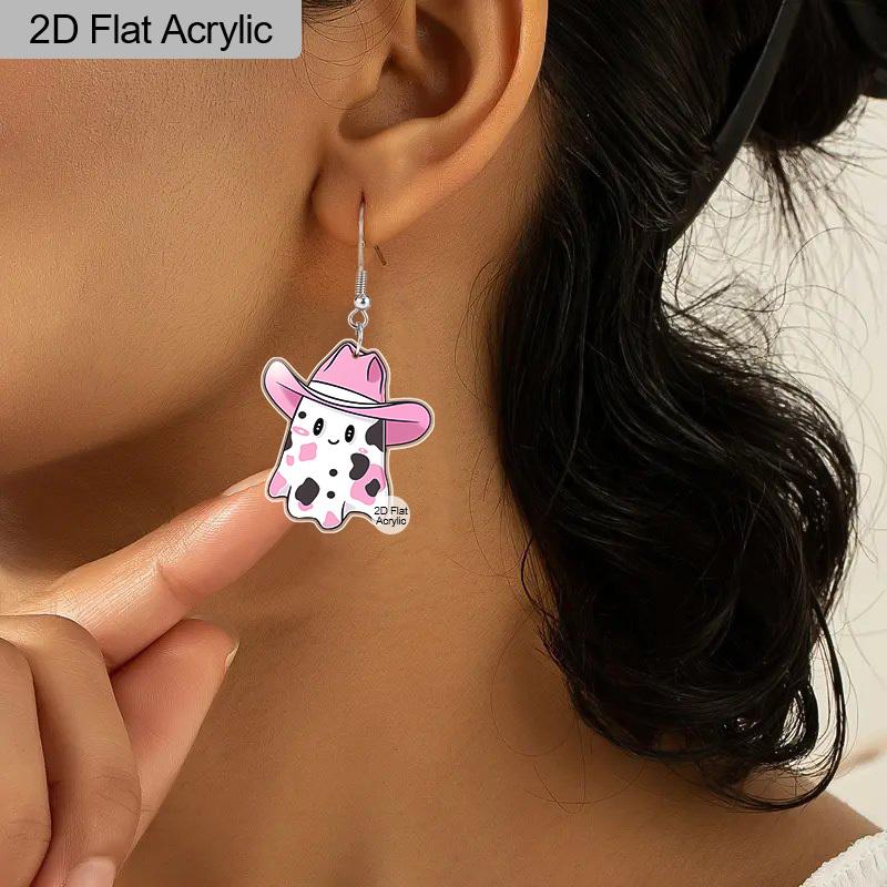 2D Flat Funny Cute Halloween Double Sided Acrylic Pink Bowler Hat Ghost Pendant Earrings Women's Halloween Costume Praty Jewelry Festival Gift