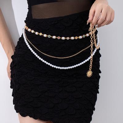 Wind Smiley Face Metal Sunflower Waist Chain Women'S Niche Personality Pearl Flower Adjustable Skirt Waist Jewelry