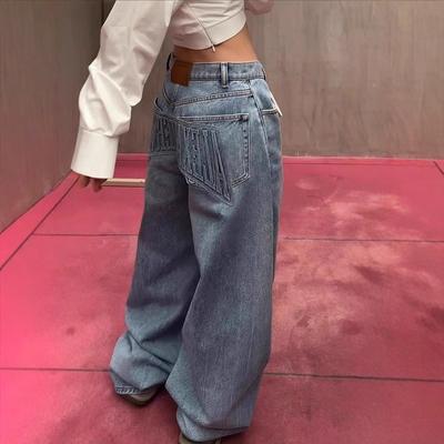 BeatStreet American Streetwear Women Denim Pants Y2k Autumn Loose Letter Indentation Wide Leg Jeans Punk Machete Trousers New