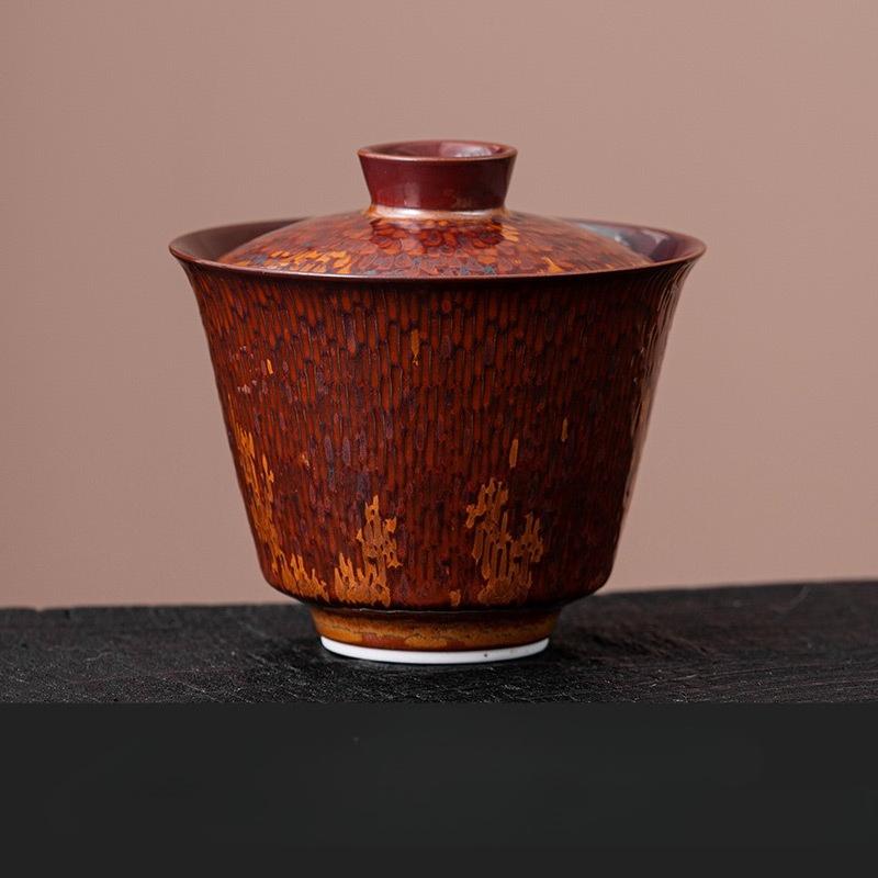 

Chestnut Brown Ceramic Tea Cup Cover Bowl Handmade Ceramic Teaset Home Vintage Thickened Kung Fu Teaset Tea Making Ceremony Gift