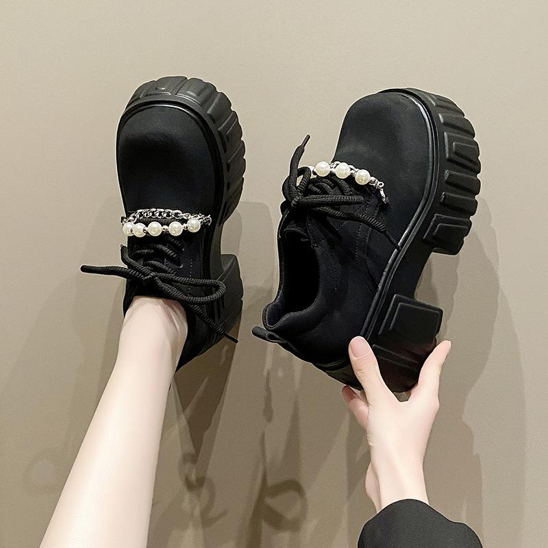 2025 autumn new small muffin lace-up jk loafers women's pearl platform British style platform single shoes