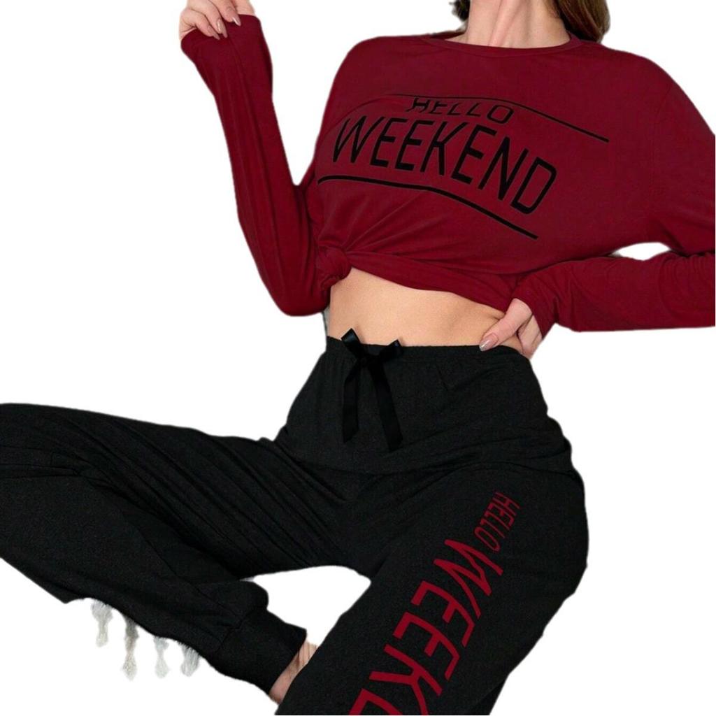 Women's Autumn European & American Home Wear Pajama Set: Long-Sleeve Letter Top & Long Pants Casual Two-Piece