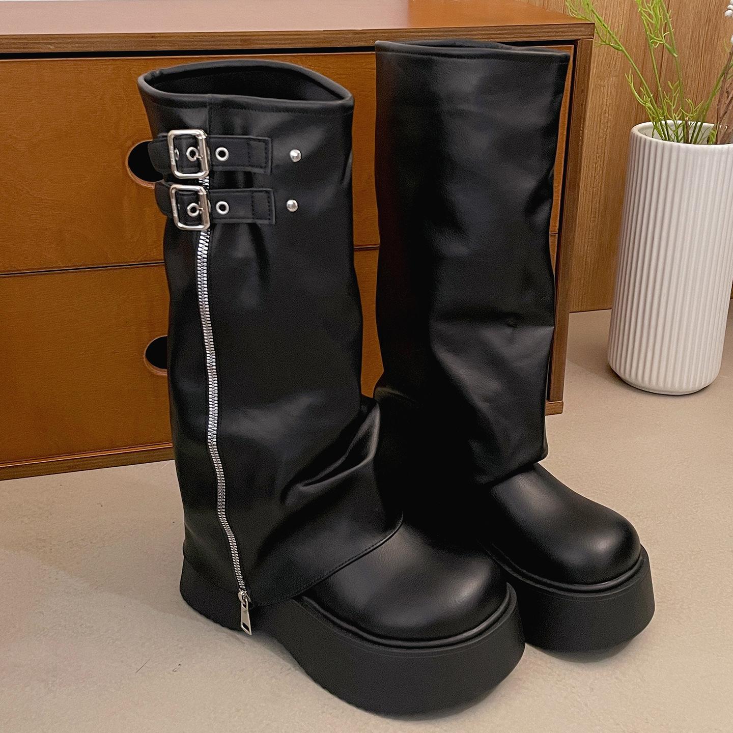 

Black retro platform boots women s boots 2025 new autumn with skirt slim Maillard knight boots 34 чёрный