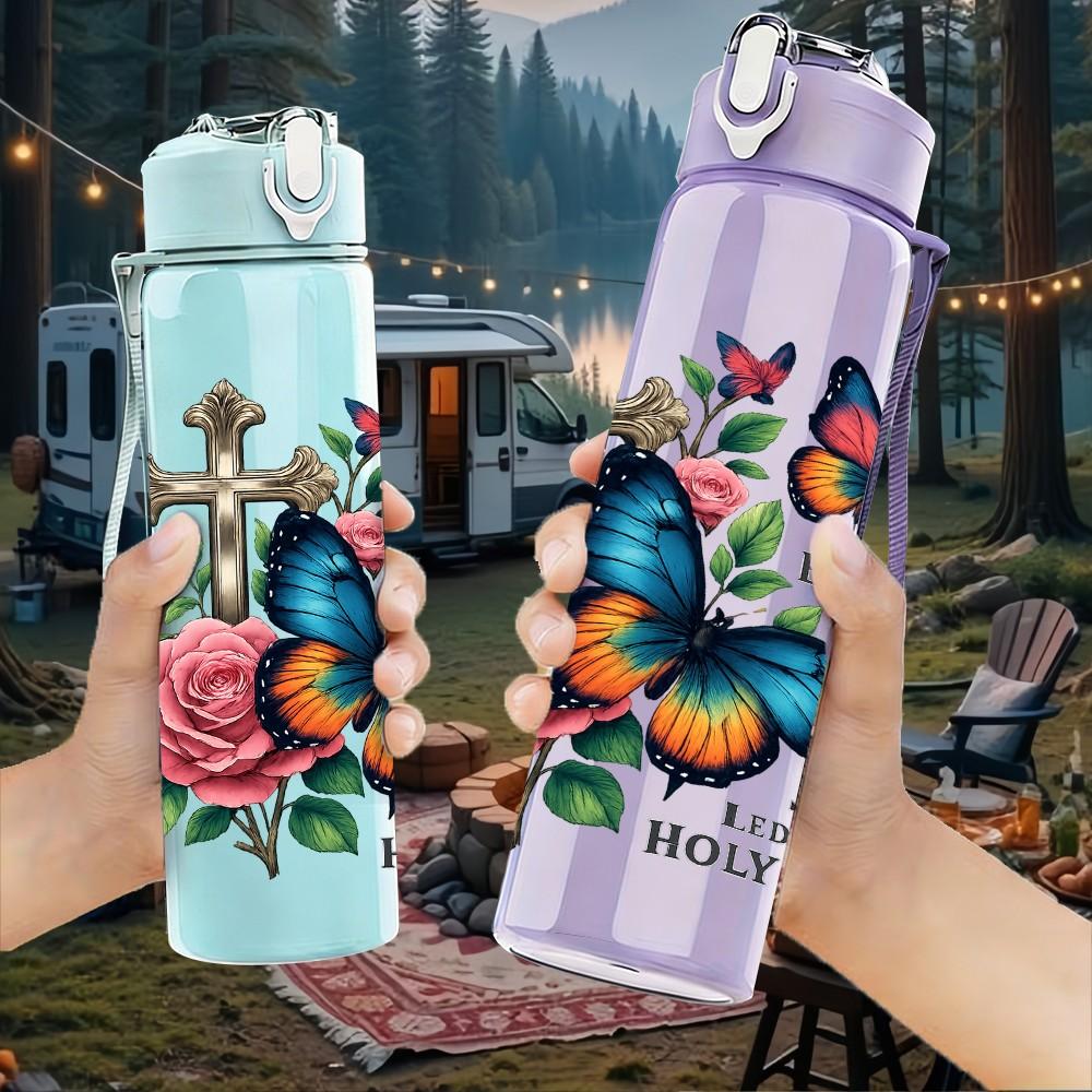1PC Cross Rose Butterfly Faith Pattern 750ml Color Plastic Sports Water Bottle Leakproof Flip Straw Lid Suitable for Sports Office Home Use