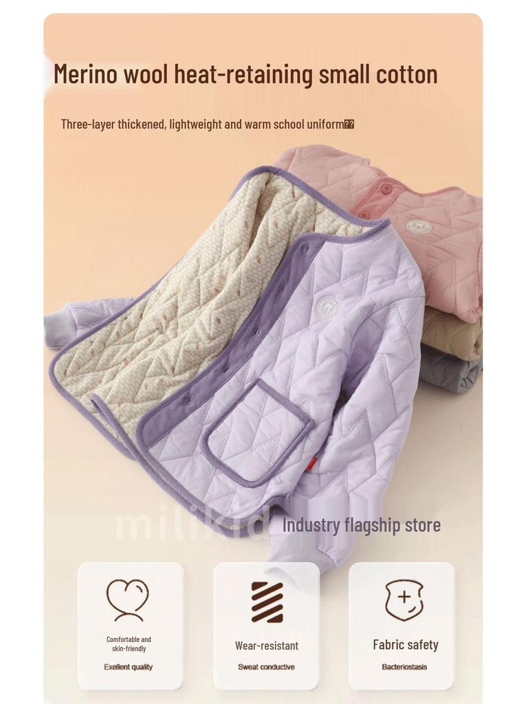 Dziecięca wełniana kurtka zimowa do mundurka szkolnego: Ciepła, gruba warstwa wewnętrzna z watoliny bawełnianej dla dziewczynek ze szkoły podstawowej