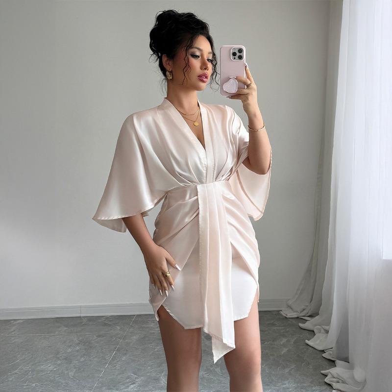 

Высококачественное и простое по стилю облегающее платье с глубоким V-образным вырезом и широкими рукавами для женщин на весну и лето XL абрикосовый