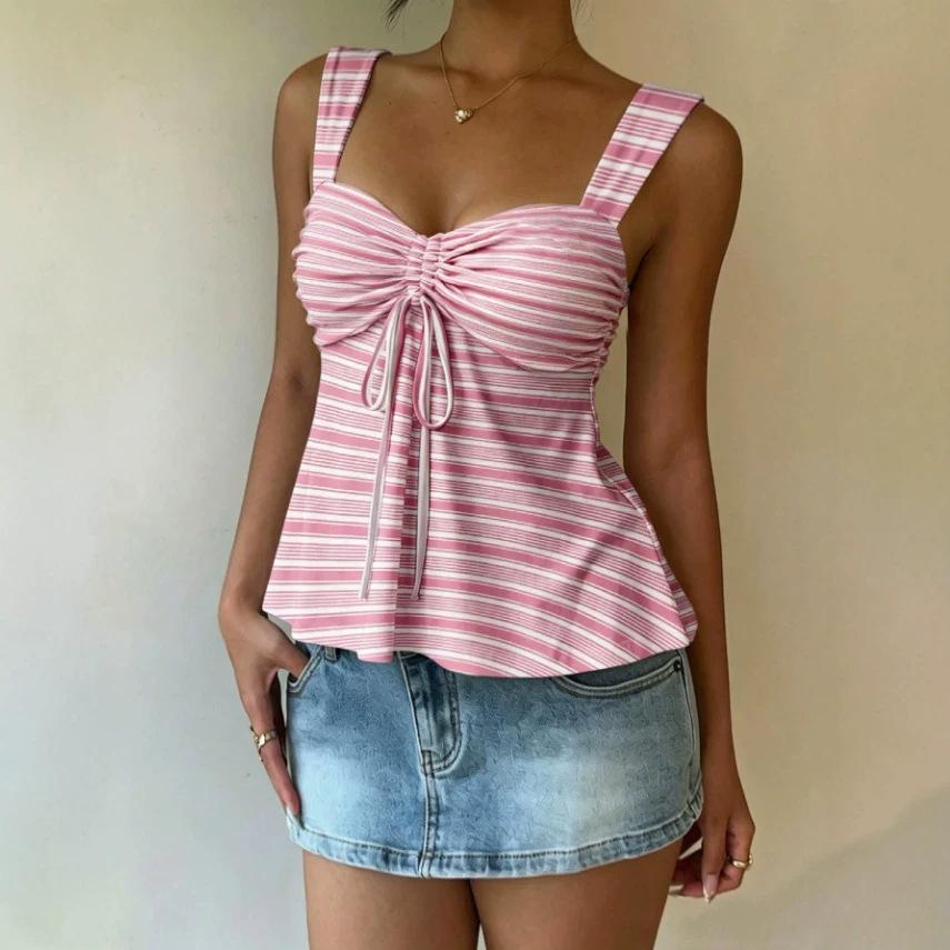 New striped drawstring sling vest, European and American Xiyin best-selling women's top