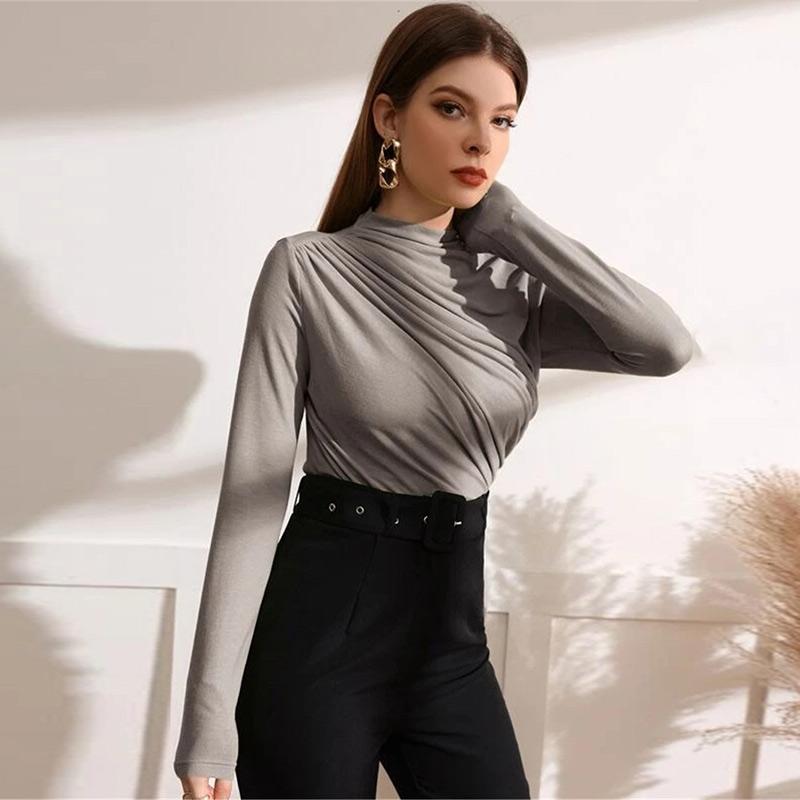 Blusas de otoño para mujer, de manga larga, elásticas, de color puro, para salir, fruncidas, elegantes, suaves y ajustadas, para mujer