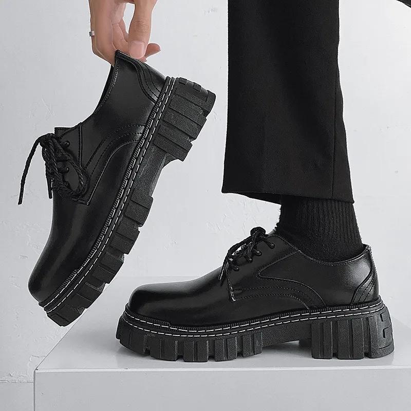 Schwarze Leder Freizeitschuhe Outdoor Nähen Walking Herrenschuhe Mode Dicke Sohle Sneakers Männlich Atmungsaktiv Sport Plateau Schuh Neu