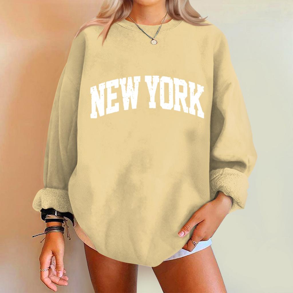 Damenmode, lässig, überschnittene Schultern, langärmelig, bedruckt, Rundhalsausschnitt