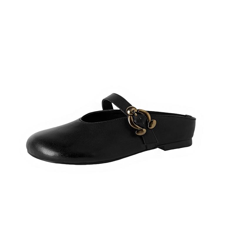 Fashion New women's genuine leather, cowhide, metal belt buckle with increased height inside, middle heel and toe cover, Mueller slipper