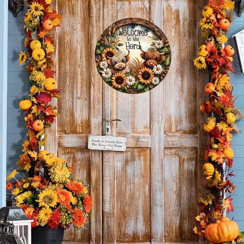 "Welcome To The Herd" Rustic Wooden Hanging Plaque with Curly Highland Cows & Sunflowers - Classic Farmhouse Wall Decor Sign for Door, Wall, Home Room