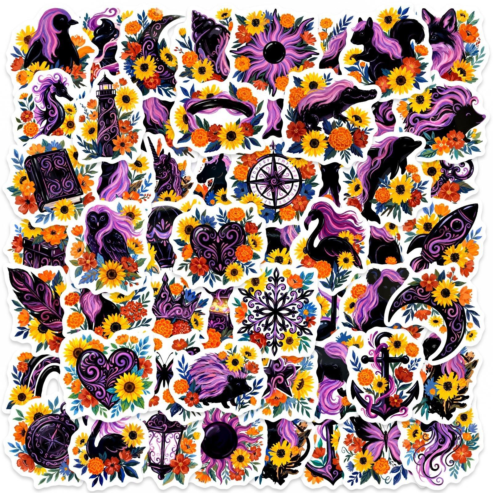 

56/112Pcs Gothic Dark Purple Floral Animal Stickers Self-Adhesive for Cup Notebook Helmet Bicycle Skate File Folder Decor Decals
