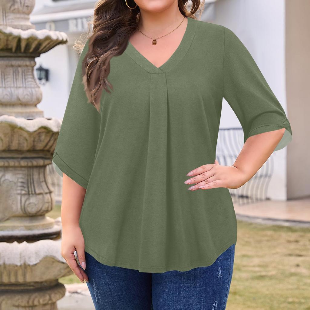 Women's Fashion Large Size Solid Color V-Neck Three-quarter Sleeve Top