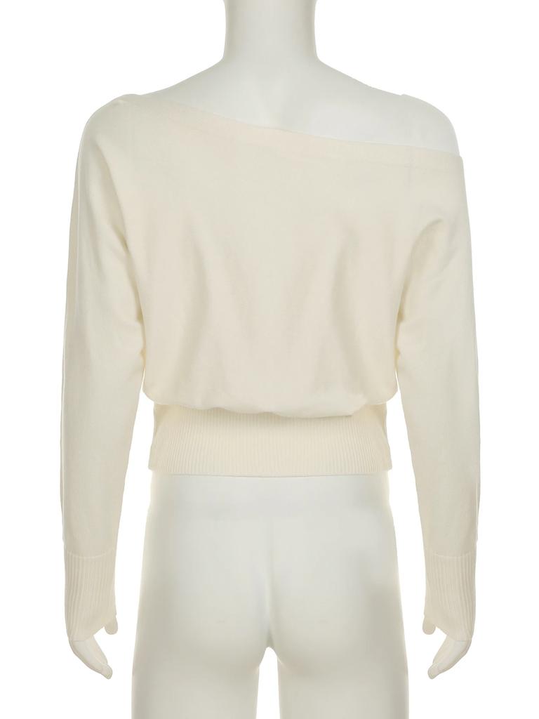 Francouzský Elegantní Jednobarevný Svetr Bez Ramínek Volný Šikmý Výstřih Dlouhý Rukáv Pletené Pulovry Dámské Podzim Zima Móda Ležérní Dámský