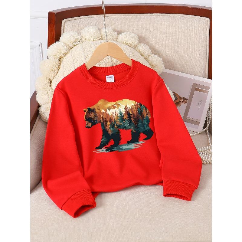 European Sizes Stylish Sweatshirt for Girls with Bear, Forest, Mountain & Nature Scene, Western Long-Sleeved Top for Young Girls