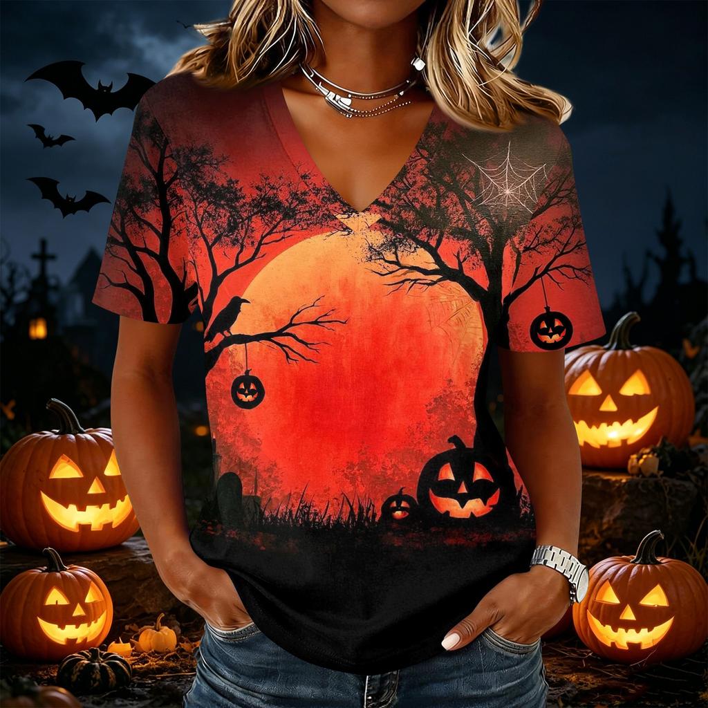 Women's Casual Short Sleeve Halloween Print V Neck Pullover Top Lightweight Comfortable Fit Seasonal Graphic Tee for Everyday Wear