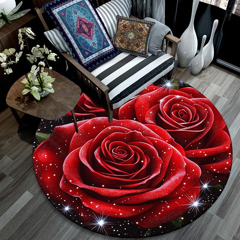 Red Roses Round Area Rug,Carpet Rug for Living Room Bedroom Sofa Playroom Decor,Non-slip Floor Mat